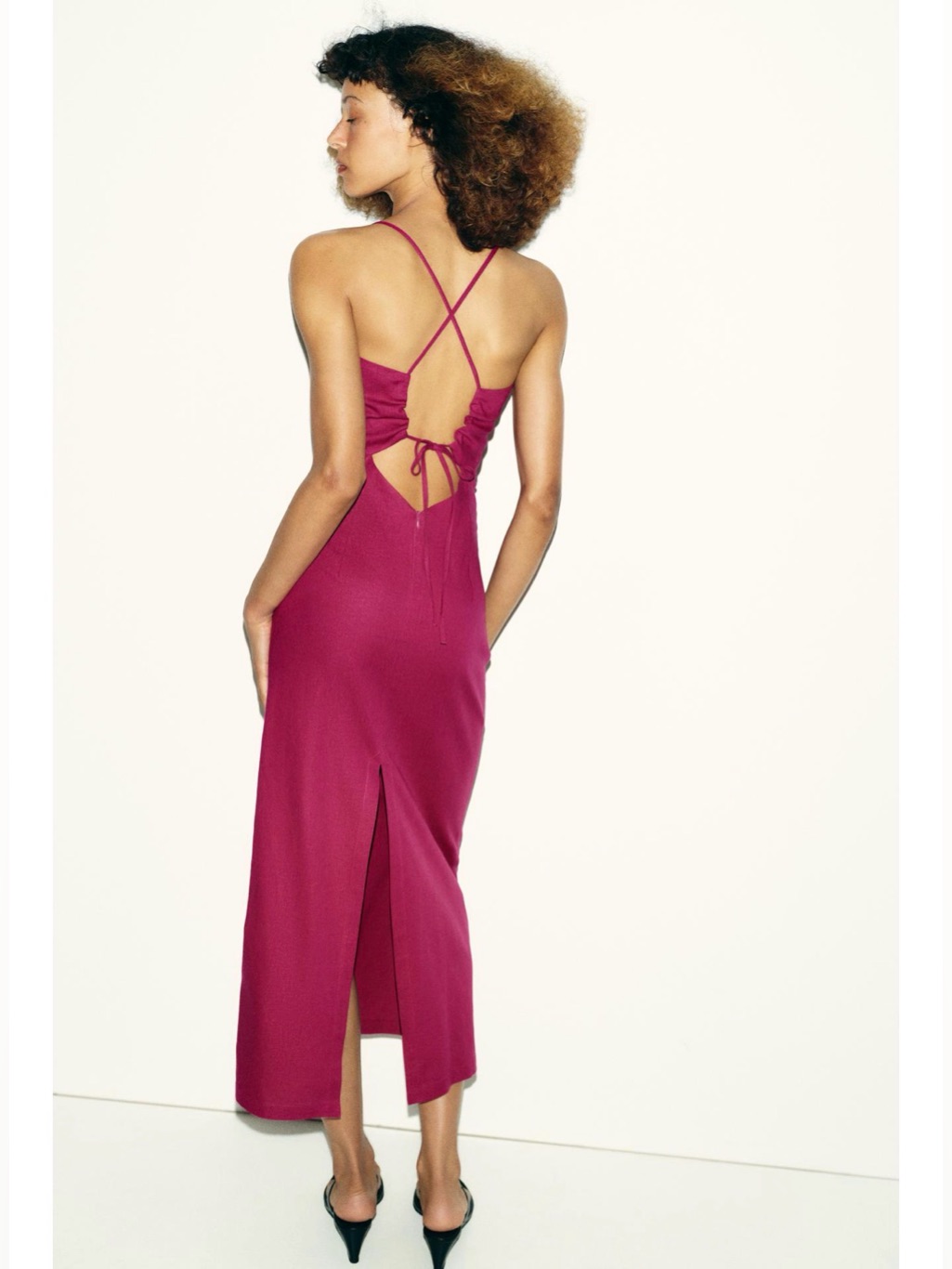 Linen Strappy Fitted Midi Dress In Raspberry Pink. Pop